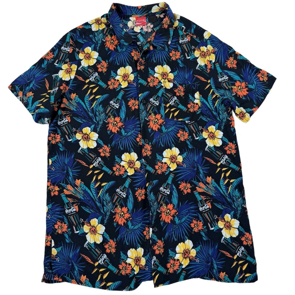 Coca-Cola Button Down Shirt Mens Medium Black Tropical Floral Aloha Coke